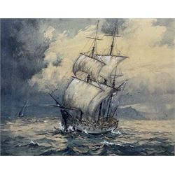 Robert Leslie Howey (British 1900-1981): Sailing Vessel off Whitby, charcoal and watercolour heightened in white signed 49cm x 62cm