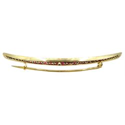 Early 20th century 9ct gold synthetic ruby crescent brooch, in fitted silk and velvet lined box by Searle & Co, London