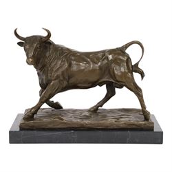 Bronze figure, modelled as a bull, upon naturalistically modelled rectangular base signed ...