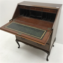 Edwardian inlaid mahogany bureau, fall front enclosing fitted interior, three graduating drawers, cabriole legs, W80cm, H99cm, D48cm