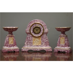  20th century French purple and gold marble effect clock garniture, circular Arabic dial, H39cm  