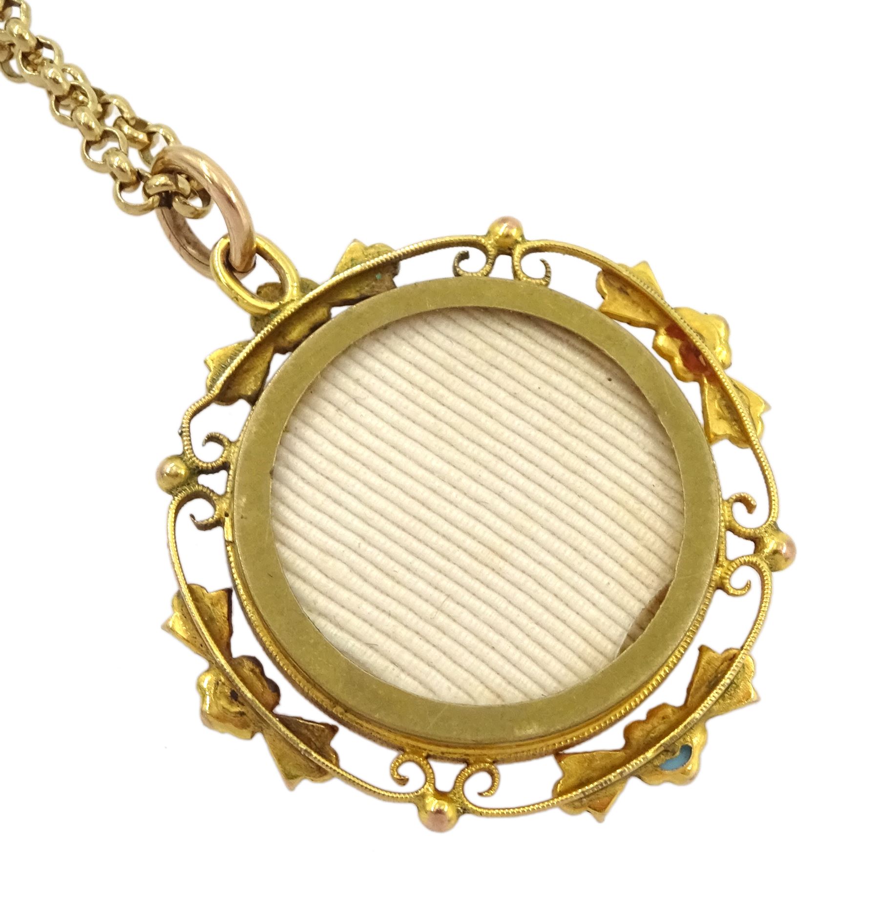 Early 20th century 9ct gold turquoise and seed pearl glazed locket pendant, on later 9ct gold link chain necklace