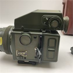 Zenza Bronica ETRS camera body, safari edition, serial no. 7100811, with 'Zenza Bronica Zenzanon EII 1:2.8 f=75mm' lens, serial no. 7908591, film magazine back, safari, serial no. 8100564, AE-ii metering head, safari, serial no. 617024, etc, all in leather case