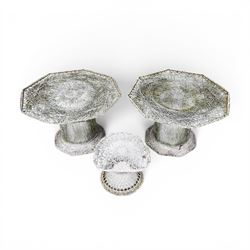 Two French early 20th century painted wicker octagonal garden tables, circular pedestals with parasol opening; with matching side table (3)