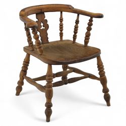 19th century ash and elm Windsor adapted armchair, continuous curved arm with turned spind...