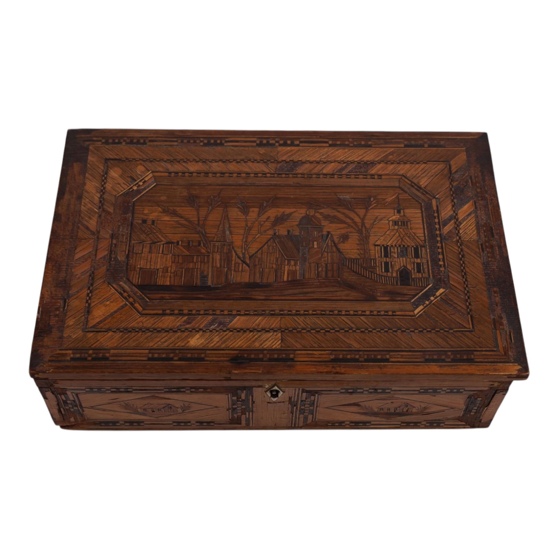 Napoleonic prisoner of war straw work box, the exterior with panels of buildings in geometric borders, the interior of the hinged lid opening to reveal two compartments with hinged covers decorated with flowers, H8cm, D16cm
