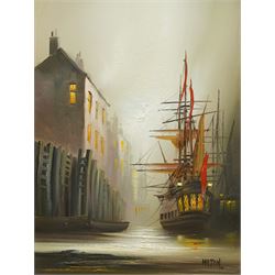 Barry Hilton (British 1941-): Ship in Moonlight, oil on canvas signed 40cm x 30cm