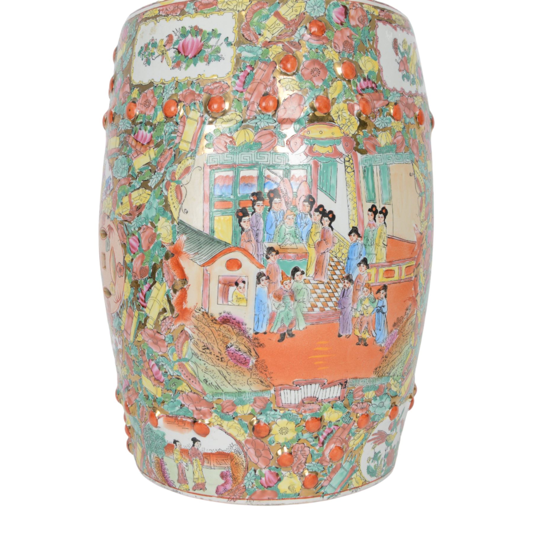  Chinese famille rose canton barrel shaped garden seat decorated with birds amongst foliage, figures and butterflies, H46cm