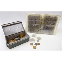  Collection of British and World coins including Great British silver threepence pieces, pre 1947 silver coins including sixpences, one shillings, halfcrowns, Queen Victoria and later pennies, commemorative crowns etc, in blue folder and money tin  