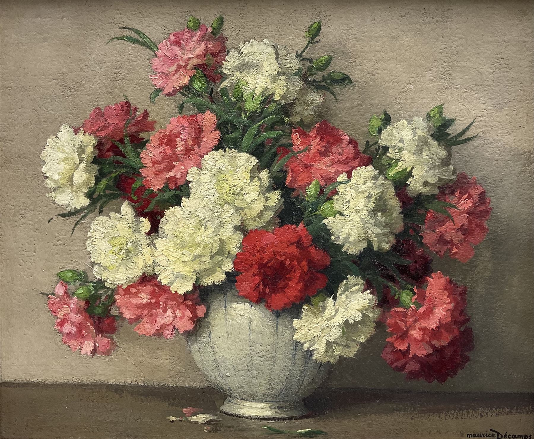 Maurice Alfred Decamps (French 1892-1953): 'Oeillets' - Still Life of Carnations, oil on canvas signed, titled on Frost and Reed label verso 44cm x 54cm 