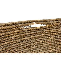 Late 19th to early 20th century Orkney chair, green painted pine frame and seat with curved rush back, square tapering supports joined by plain stretchers