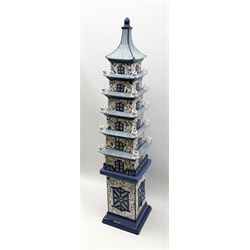 A blue and white multi-storeyed tulip vase modelled as a Pagoda in the Dutch style, overall H88cm. 