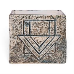 Troika cube vase by Anne Lewis, with geometric incised decoration in blue on a mottled blue ground, signed to base with initials