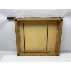 Coal bucket painted with flowers together with pair of bellows, boot scraper in the form of a beetle, wooden guillotine, composite table lamp with tassel lampshade and one other