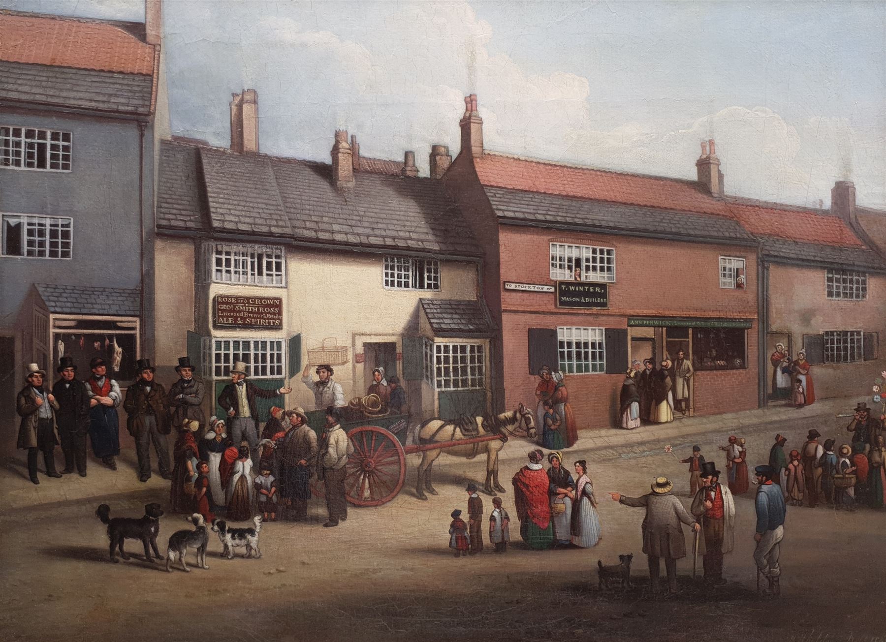 H Wheldon (19th century): High Street on the Road to Stockton with a Durham Fishmonger's Cart outside the Rose and Crown in the foreground, oil on canvas signed and dated 1848, 42cm x 57cm
