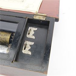 Early 20th century Swiss musical box- in a plain mahogany finished case playing six airs on a 30 tooth steel comb, with a 3-1/4”  pinned cylinder and tune indicator, with play/stop/repeat/change/ levers, crank wound spring driven barrel with Geneva stopwork, case fitted with an internal viewing glass.