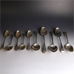Ten Georgian and later silver table and dessert spoons, including pair of George III Old English pattern examples, engraved with fish to terminal, hallmarked London 1791, maker's mark ID and a pair of George III Old English pattern table spoons with engraved bird to terminal, George Smith (III) & William Fearn, London 1786