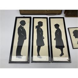 Three early 20th century full profile framed silhouettes, each signed Scot-Ford 1929, together with four hand painted portrait silhouettes and two framed crystoleums, depicting figural scenes (9), largest H35cm