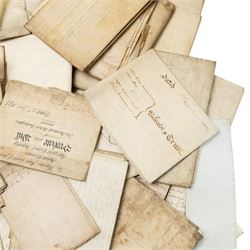 Yorkshire and miscellaneous deed interest - large collection of 18th and 19th century vellum indentures, wills, probate documents and property papers relating to wider Yorkshire towns and villages including Malton, Northallerton, Easingwold, Scarborough, the Humber, Barnsley, Ecclesfield, Great Leavening, Barton in the Willows, Flaxton and other areas, with documents concerning farmers, yeomen, tradesmen and landed families, many retaining wax seals and revenue stamps, together with a small quantity of non-Yorkshire and overseas-interest material including probate of Knobel Louis Benjamin du Gue, formerly of Brindisi, Italy, steam shipping agent, later of St Leonards-on-Sea, Sussex,  in one large box