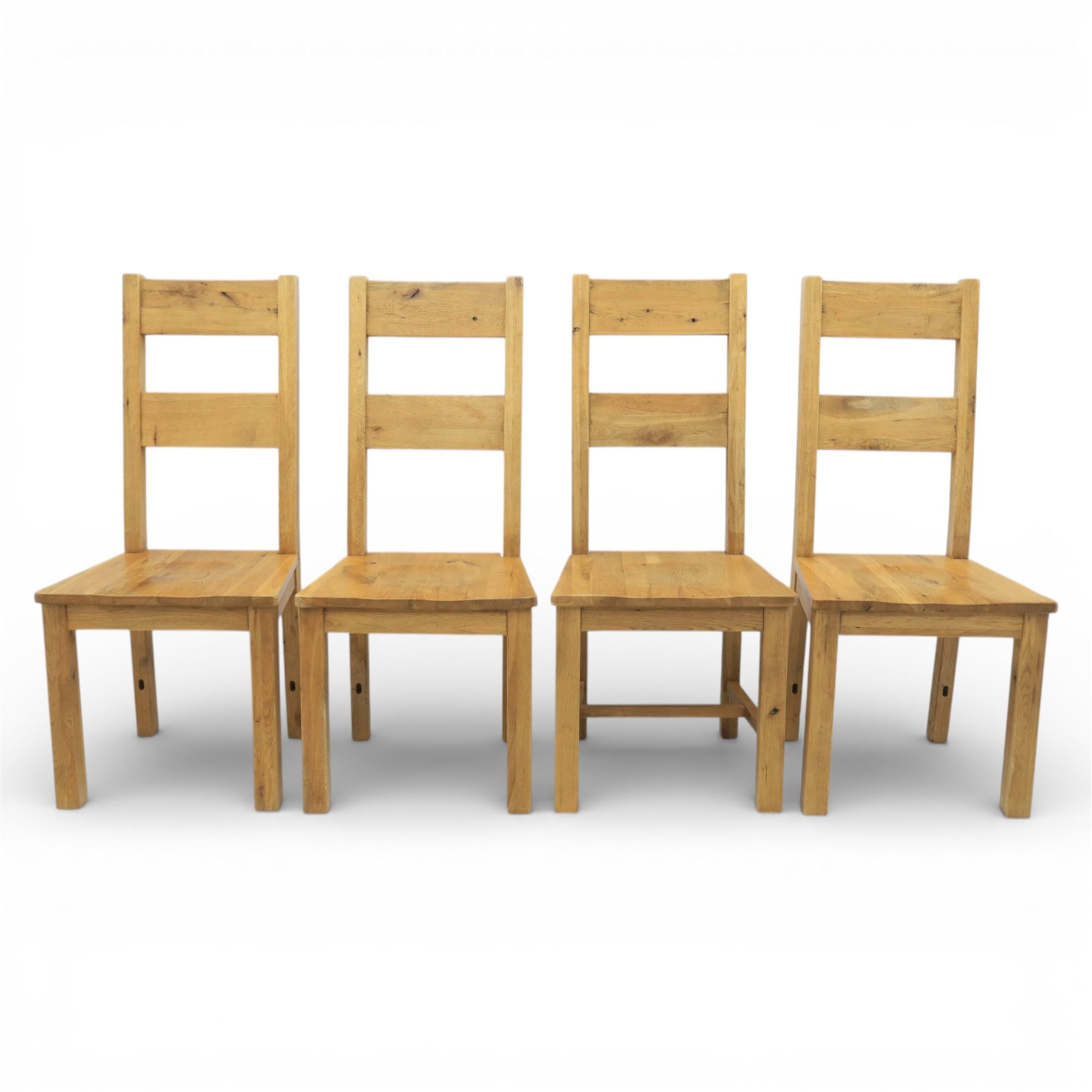 Modern light oak rectangular dining table, and eight high back chairs, stowable leaves extending to 270cm