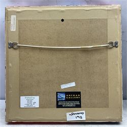 Moira Metcalfe (British Contemporary): Rural Landscape in Red and Purple, oil on canvas signed 40cm x 40cm 