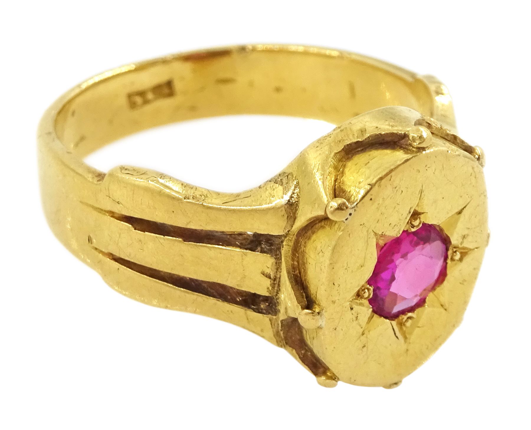 19th / early 20th century 21ct gold gypsy set, single stone round cut ruby ring, ruby approx 0.40 carat