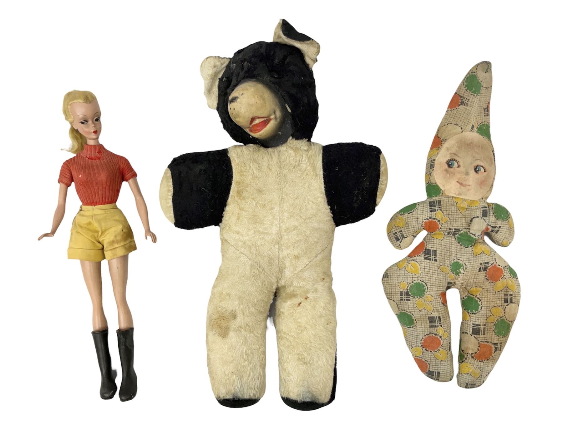1950s fashion doll reputedly used for advertising children's wellingtons in a shoe shop window H30cm; and two soft toys (3)
