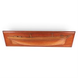 20th century mahogany and pine half-block hull model of a two masted ship, H28cm, W110cm