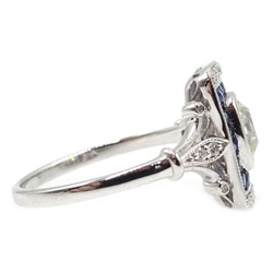  18ct white gold sapphire and diamond ring, central diamond approx 0.9 carat, with diamond set shoulders   