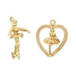 Two 9ct gold pendant / charms including ice skater and articulated twirling ballerina, hallmarked