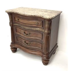 Kevin Charles American walnut serpentine chest with marble top, three graduating drawers, half turned fluted column carving, turned supports 