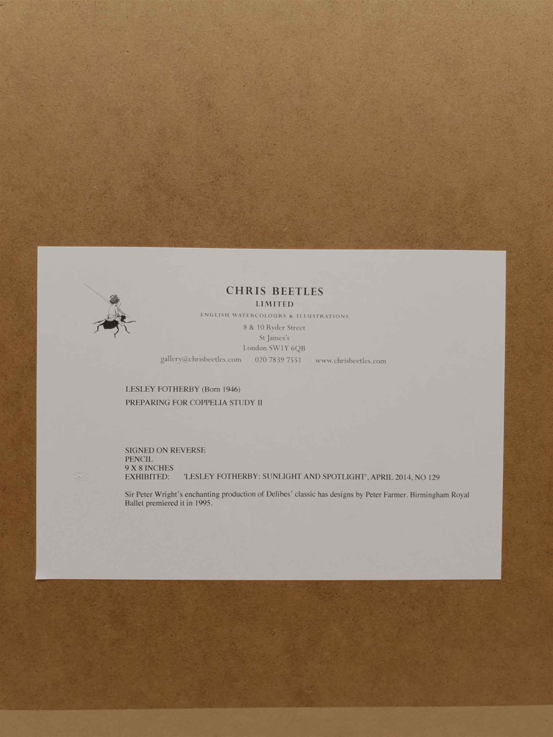 Lesley Fotherby (British 1946-): 'Two Dancers' in Edward II and 'Preparing for Coppelia Study II', two pencil sketches titled on gallerys label verso 25cm x 20cm and 24cm x 19cm (2)
Provenance: exh. 'Lesley Fotherby: Sunlight and Spotlight', Chris Beetles April 2014, No.s 113 and 129, where purchased by the vendor