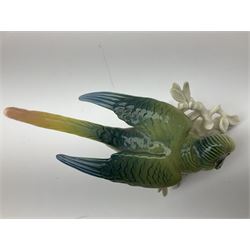Karl Ens figure of a green woodpecker, modelled perched upon branch, model no. 7527, together with Karl Ens figure of budgie and Beswick Kingfisher no. 2371, all with printed marks beneath, tallest H25cm