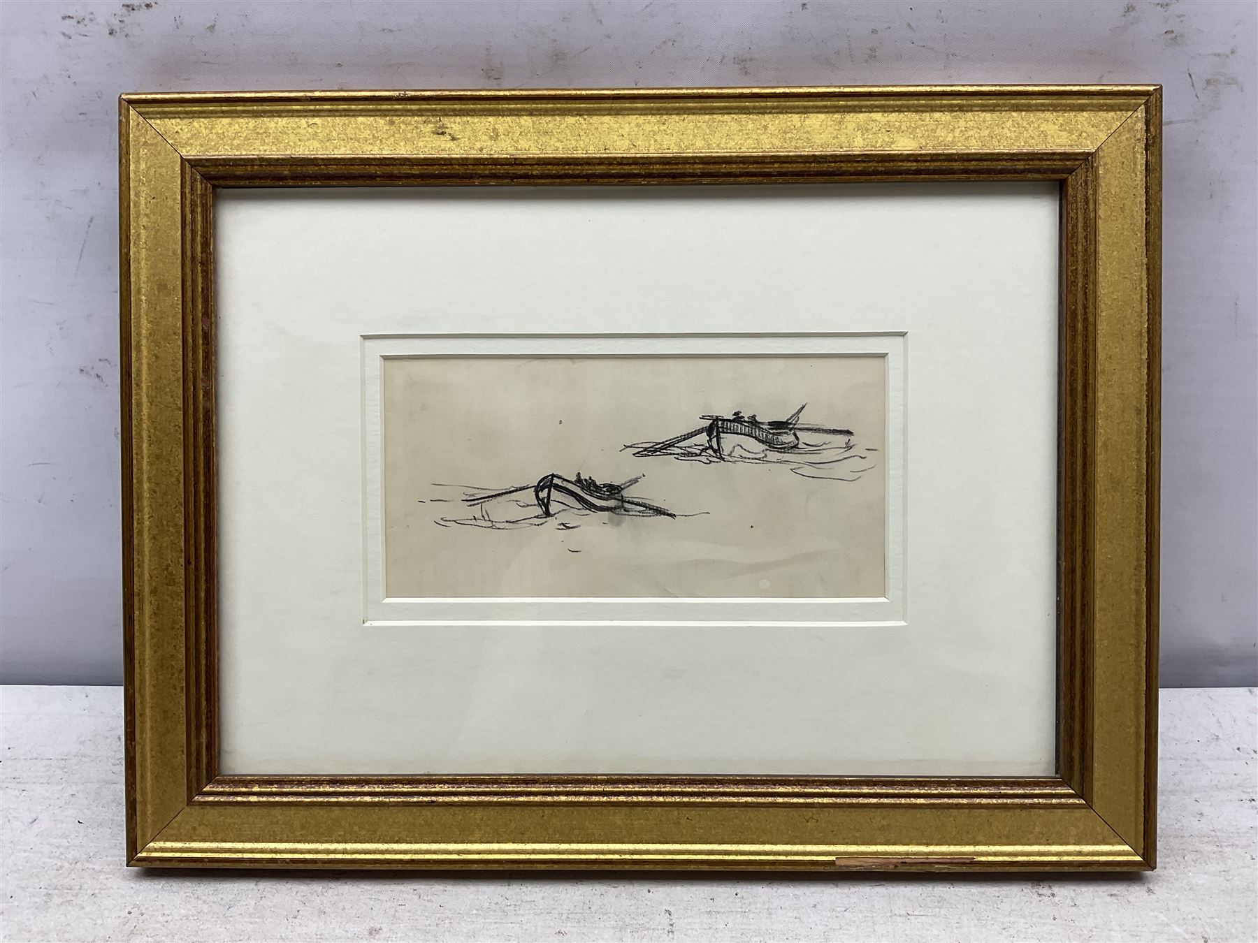 Joseph Richard Bagshawe (Staithes Group 1870-1909): Rowing Boats at Sea, charcoal sketch unsigned 8cm x 17cm 
Provenance: with Pybus Fine Arts, Whitby 2002, from one of the artist's sketchbooks, label verso