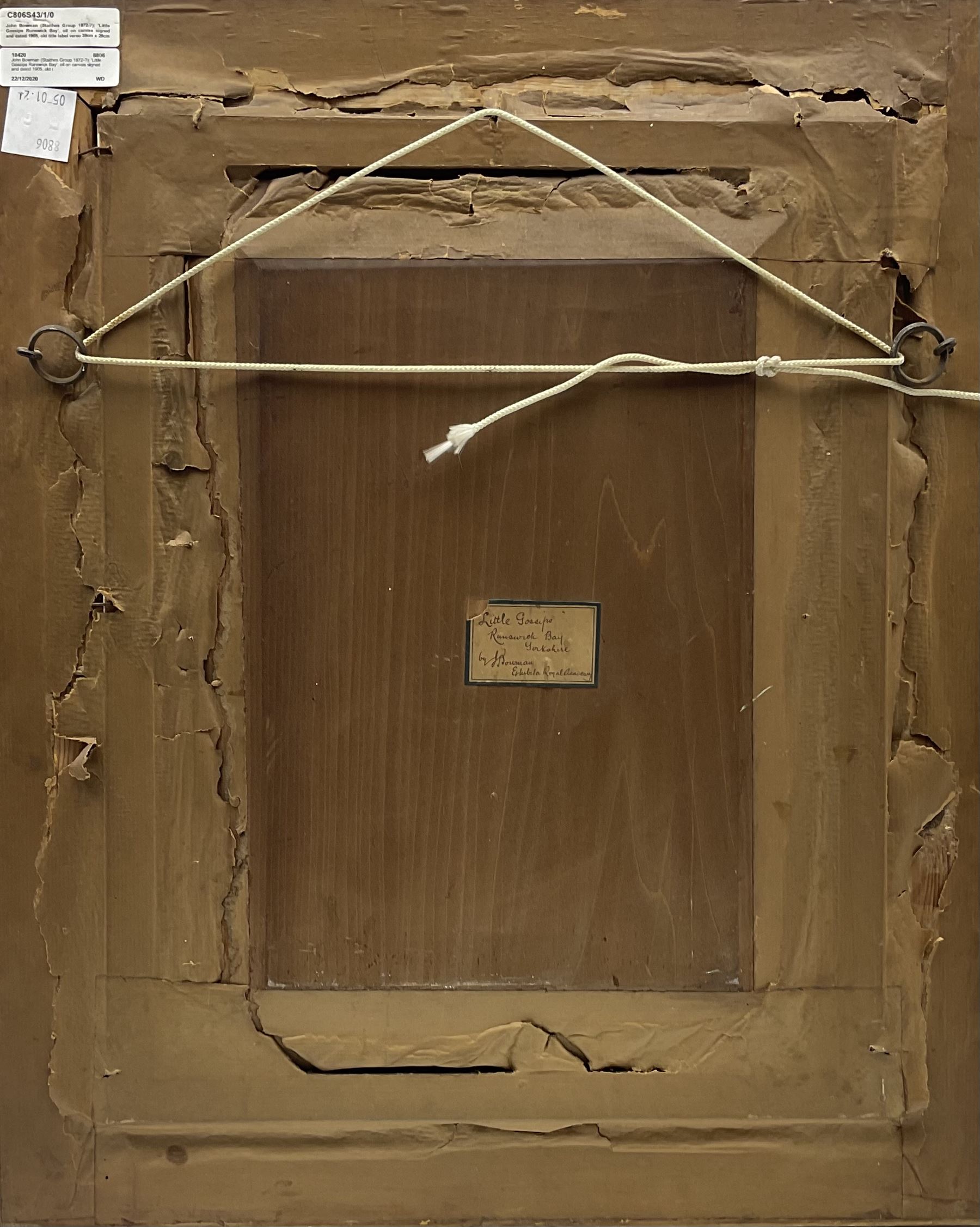 John Bowman (Staithes Group 1872-?): 'Little Gossips Runswick Bay', oil on canvas signed and dated 1905, old title label verso 39cm x 29cm