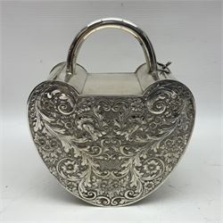 Silver plated, tea caddy, in the form of a heart, with repousse decoration, presented to H Whitcombe, H20cm