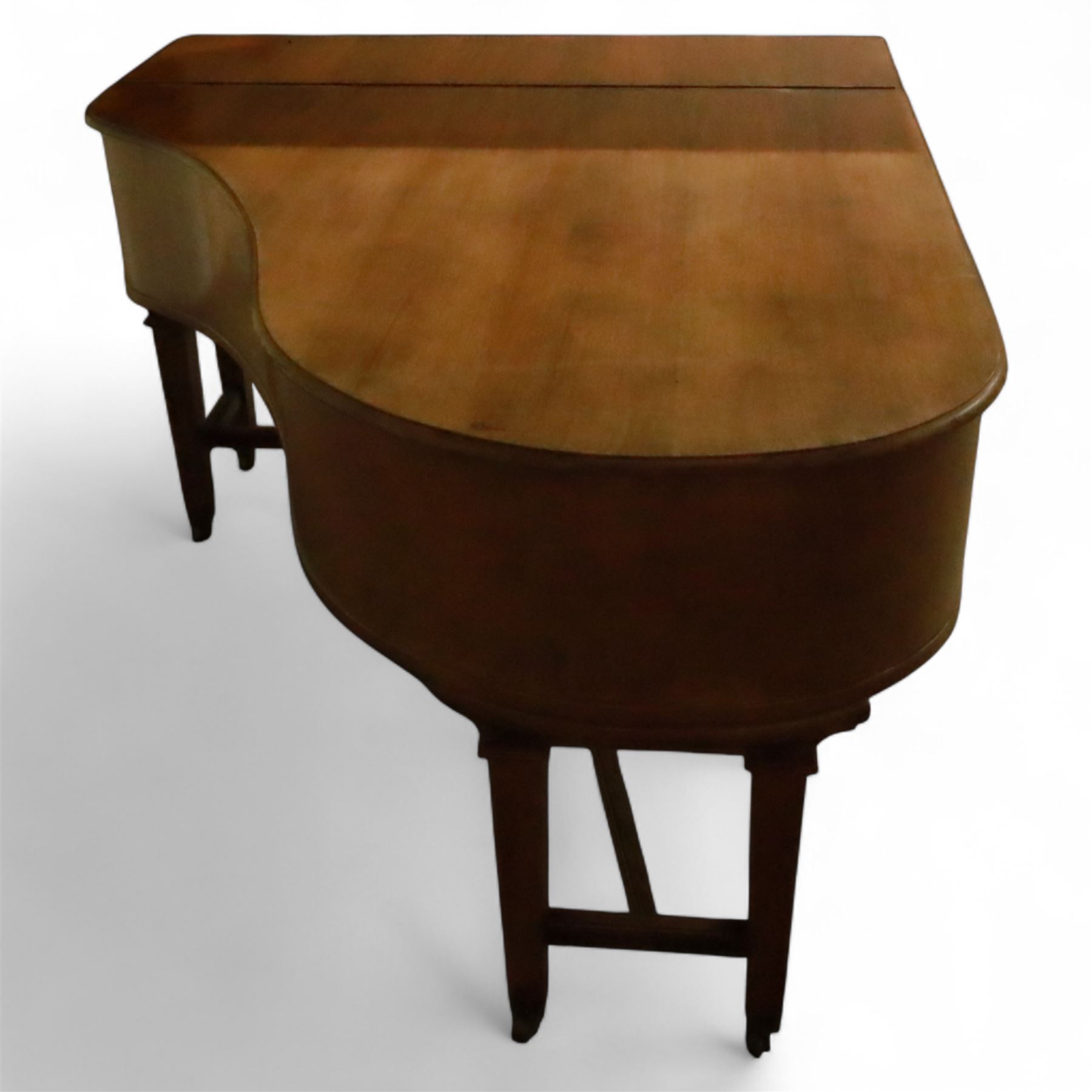 John Broadwood & Sons-20th century mahogany boudoir grand piano serial No 53529 (1920),  with twin square tapered legs and stretchers raised on brass castors, with an open fretted adjustable music desk and folding fallboard, conforming lyre with una-corda and sustain pedals, overstrung iron frame with original soundboard, action, hammers, dampers, felts, tuning pins and strings (two new base strings),  7-1/4 octave keyboard with 87 Ivory and ebonised keys (A0-B7), Tuned to concert pitch (A=440) however, requires tuning, action highly responsive with good repetition.

This item has been registered for sale under section 10 of the APHA Ivory Act Reference 4HSHGPGT