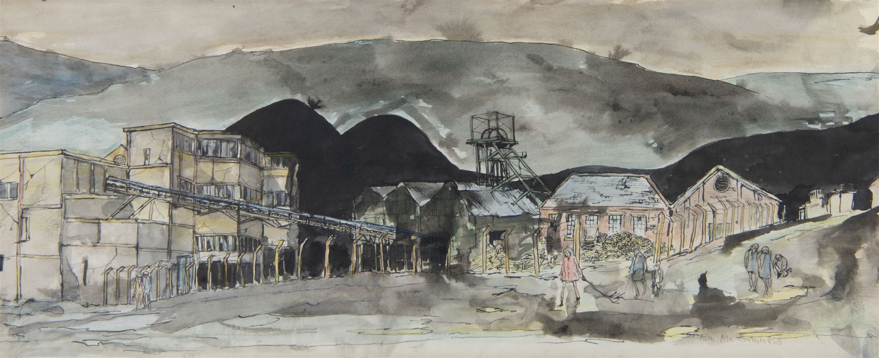 Tom McGuinness (Northern British 1926-2006): Outside the Mine, watercolour and ink signed 20cm x 49cm 
