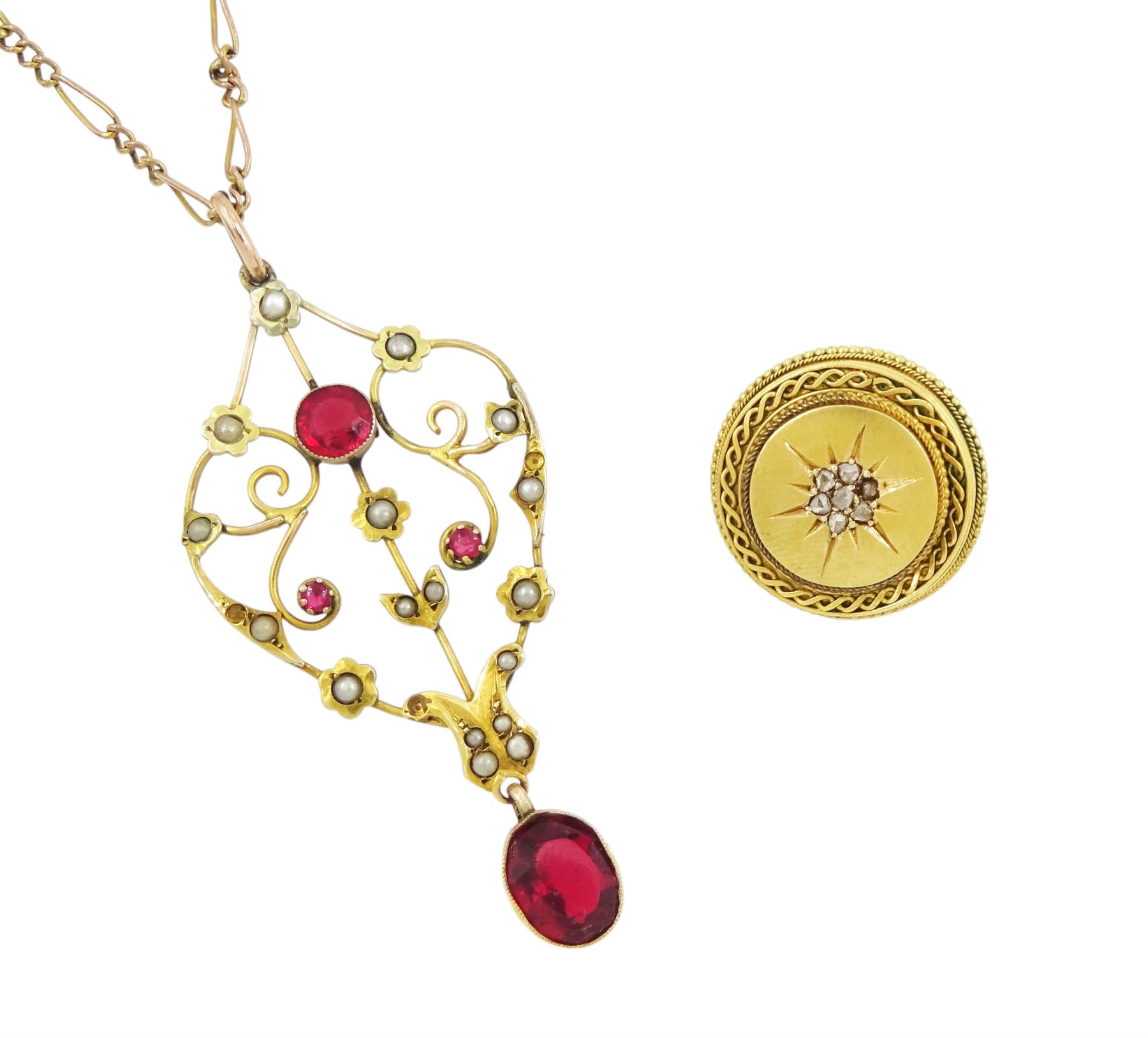 Early 20th century 9ct gold red stone and seed pearl pendant necklace and a gold rose cut diamond brooch