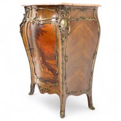 Early 20th-century Louis XV revival Vernis-Martin style bombe-shaped kingwood cabinet, serpentine-shaped variegated Breccia Pernice marble top with moulded edge, the front panel decoration with a painted romantic pastoral scene, interior with two shelves, flanked by gilt bronze masks, sides with diagonally book-matched veneer, bordered by gilt bronze scrolling acanthus mounts, raised on short cabriole form legs with gilt-bronze sabots, key included 