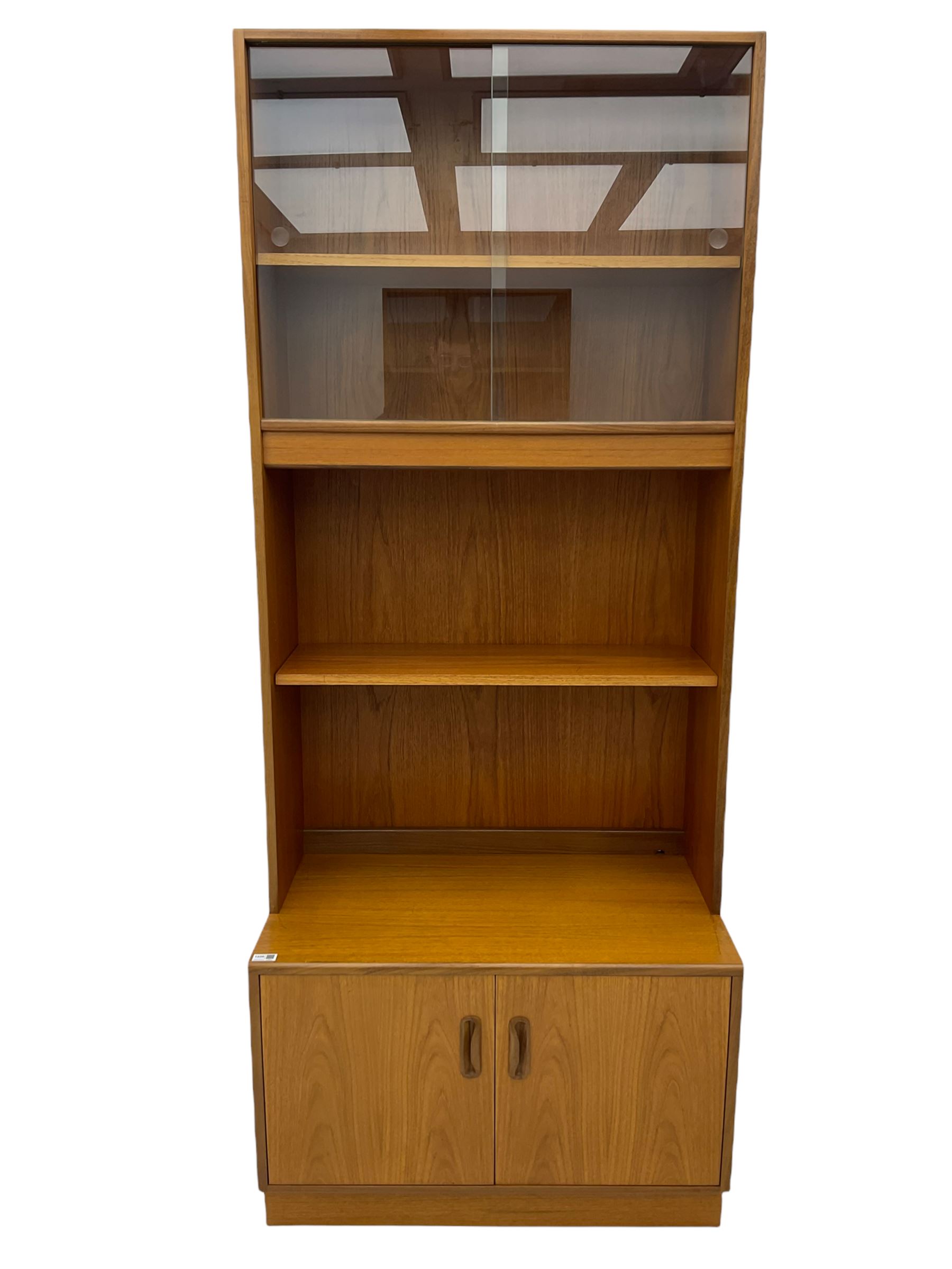 G-Plan teak two sectional modular wall display cabinet, fitted with sliding glass doors, double cupboard and three drawers