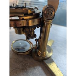 19th century brass binocular microscope by R&J Beck, 31 Cornhill London, numbered 6386, with rack and pinion focusing, housed in wooden case with case of accessories, including eyepieces, objective lenses and condenser
