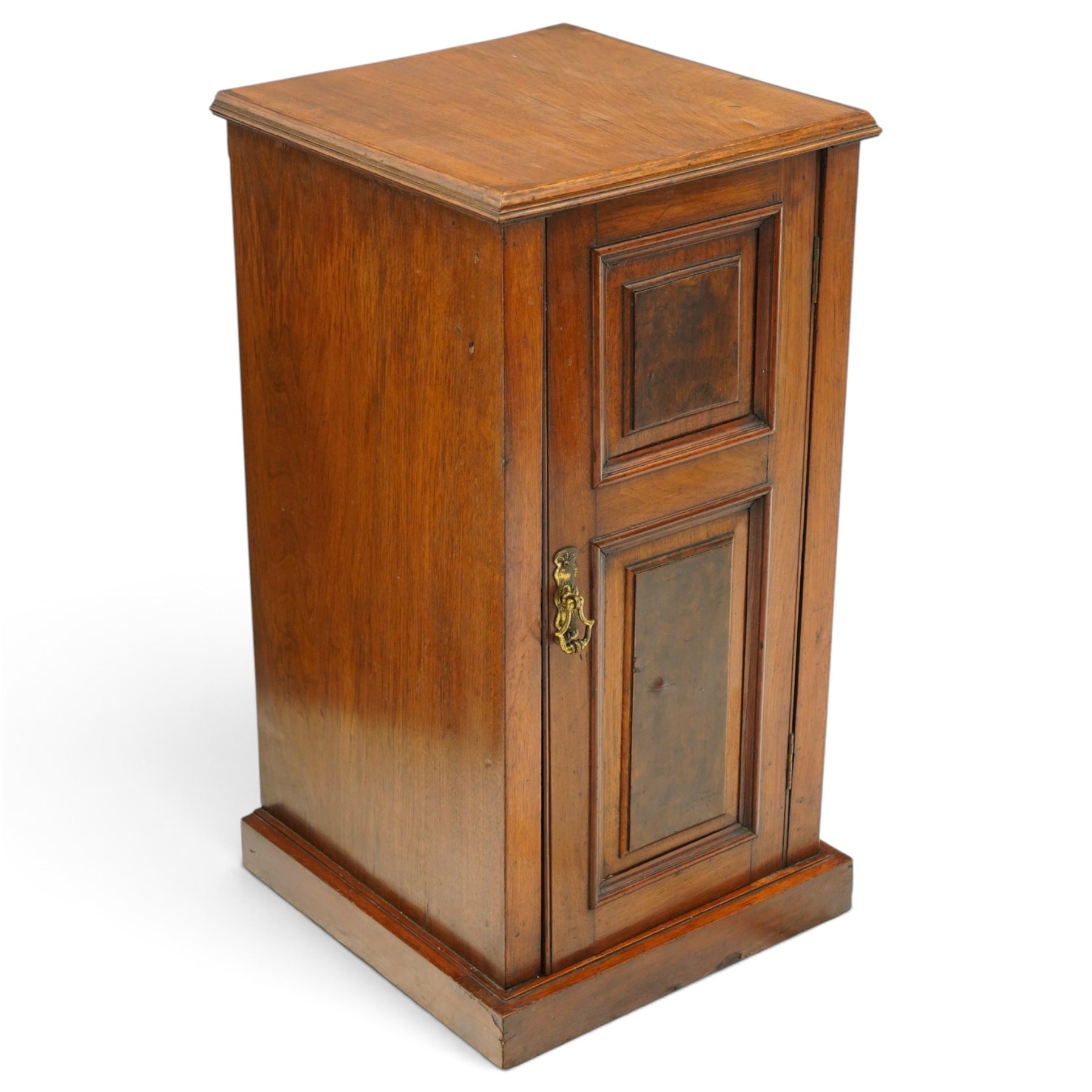 Pair of late 19th century figured walnut bedside cabinets, rectangular top with moulded edge, over a cupboard door with burr panels enclosing single shelf, on plinth base