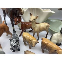 Quantity of Beswick to include double ash tray / candy bowl modelled with a bay horse, vase and figures to include bay foals, fox, cattle, etc, and a quantity of similar ceramic horse and animal figures including examples by Royal Doulton