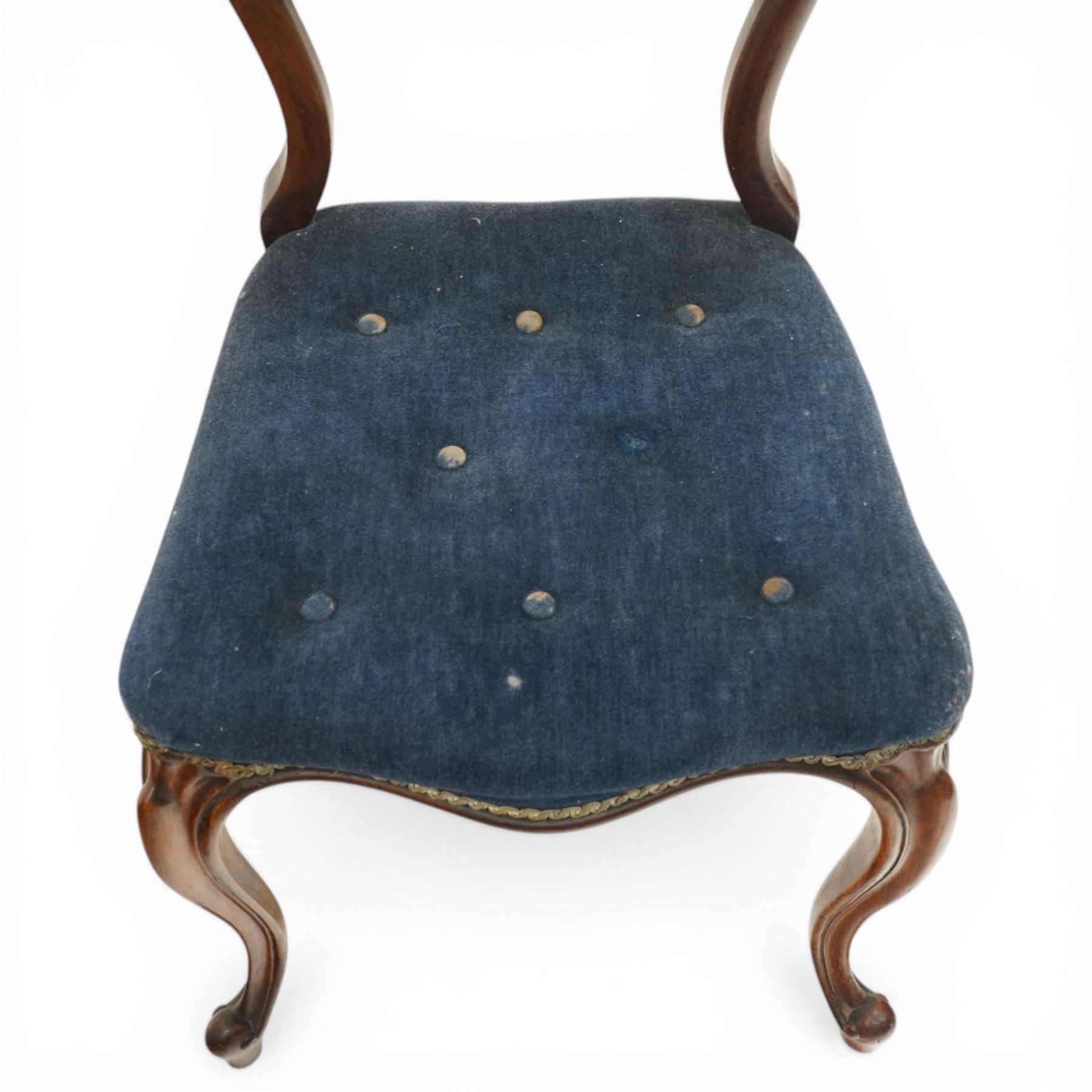 Set of six Victorian rosewood balloon-back dining chairs, seats upholstered in buttoned blue fabric, raised on cabriole supports
