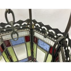 Victorian brass and stained leaded glass hall lantern, of hexagonal form, supported by four domed arms and pierced fret, H46cm W20cm