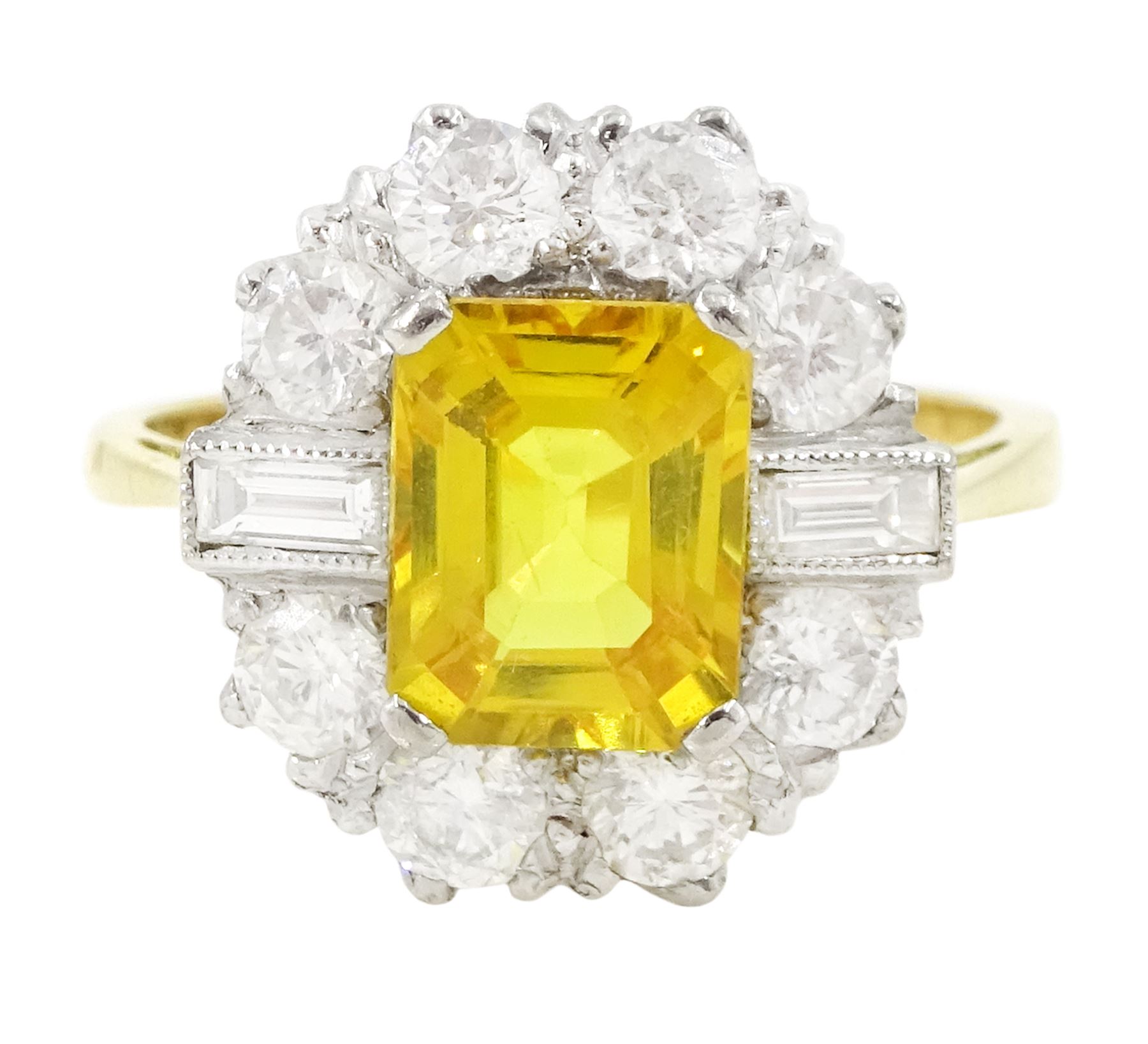 18ct gold yellow sapphire and diamond cluster ring, single octagonal cut yellow sapphire of approx 2.15 carat, surrounded by eight brilliant cut diamonds and two baguette cut diamonds within a milgrain setting, stamped, total diamond weight 1.2 carat