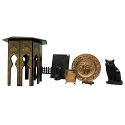 Moorish design octagonal occasional table (W55cm, H52cm); cast metal door stop in the form of a cat; foliage lozenge carving in oak; small copper bucket with lion mask handles; wrought metal fire fender; pressed metal plate; and a small hardwood stand (7)