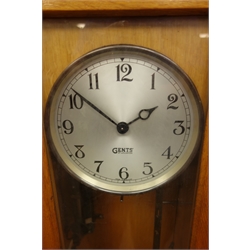  Gents' of Leicester Pul-Syn-Etic Impulse factory slave clock with circular silvered dial, in glazed door light oak case, with pendulum, H133cm, W34cm ,D22cm  
