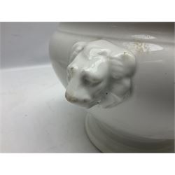 Thun WW2 German Luftwaffe officer's mess plain white glazed soup tureen with lion mask handles, marked with the Luftwaffe eagle beneath and dated 1939 L31cm; together with Waffen 'SS' white glazed twin handled soup bowl, marked beneath Bauscher Weiden 1942 (2)